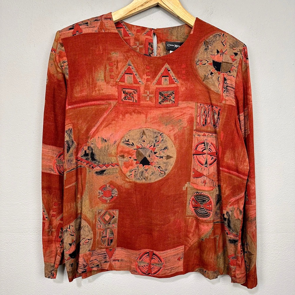 Claire McCardell Blouse Women Size 16 Red Orange Southwestern Geometric Rayon